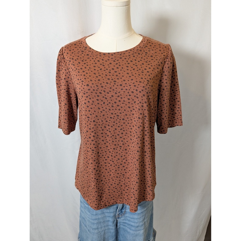 Democracy Rust Brown Black Dot Puff Sleeve Slub Knit Top PM BP32513VSM